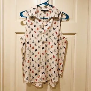 Cat Print Collared Sleeveless Shirt